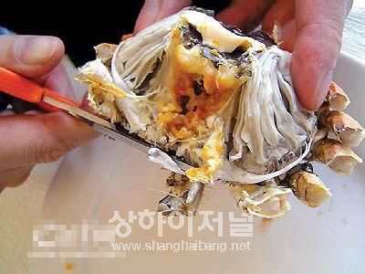 5. 숟가락으로 몸통 가운데 6각형 모양의 조각을 끄집어내 버린다. 게의 심장으로 먹을 수 없는 부분이다.