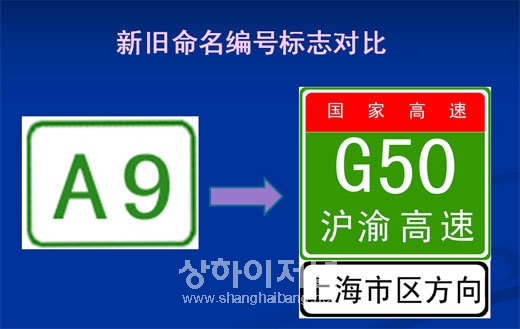 ▲기존 'A'로 시작되던 고속도로 번호가 'G'또는 'S'와 숫자조합으로 이루어지고 바탕화면도 흰색에서 녹색바탕으로 바뀐다. 